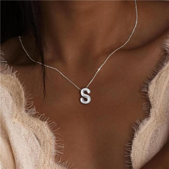Silver Initial Pendant Necklace – Personalized Letter “Q” Trendy Stuffed Bubble - Picture 3 of 5